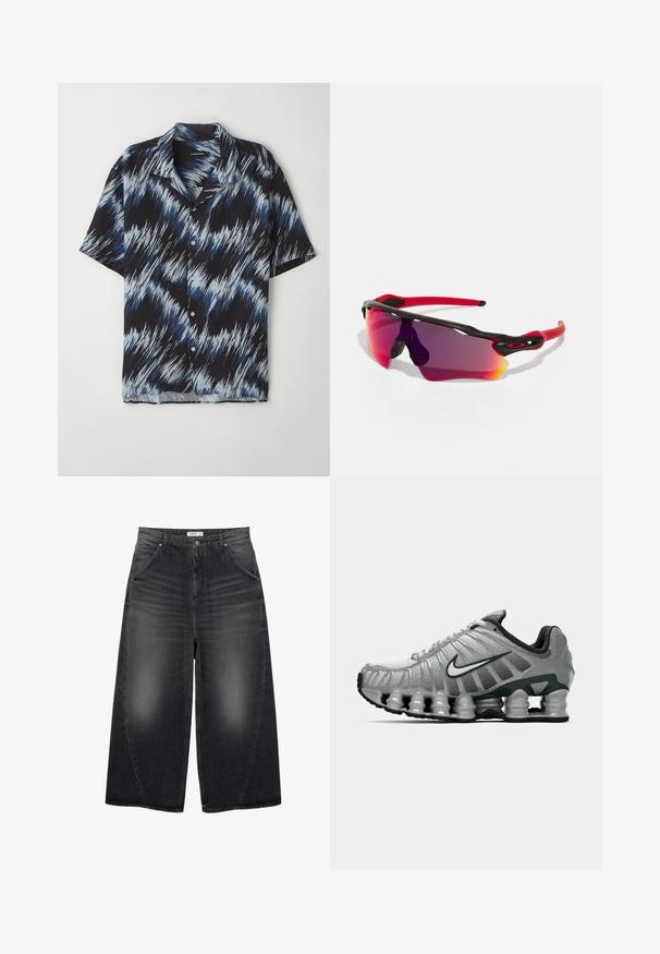 Cămașă cu mâneci scurte, dintr-un material ușor, cu un model în zigzag albastru și negru, cu închidere cu nasturi și guler ascuțit.; Top din bumbac alb, cu decolteu rotund, bretele late și margine dreaptă, având o textură fină și fără modele vizibile.; PULL&BEAR MEGA BAGGY - Blugi largi - black; Adidas de alergare gri și negru, cu amortizare vizibilă sub talpă, asemănătoare unui arc, și un logo swoosh alb pe lateral.; Oakley RADAR PATH UNISEX - Ochelari de soare - 100t matte black