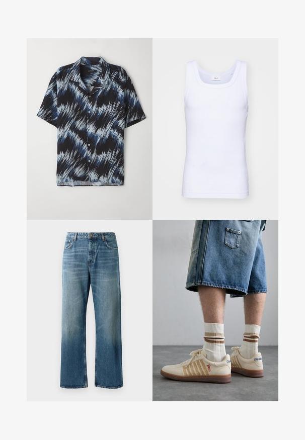 Camicia a maniche corte realizzata in tessuto leggero, caratterizzata da un motivo a zigzag blu e nero, con chiusura a bottoni e colletto a punta.; Canottiera bianca in cotone senza maniche con scollatura rotonda, caratterizzata da una texture liscia e una vestibilità aderente, progettata per l'abbigliamento casual.; Jeans a palazzo azzurri chiari con lavaggio sbiadito, dotati di chiusura con un bottone, cinque tasche e cuciture in contrasto.; Sneaker retro beige con suola in gomma marrone, dotate di dettagli a righe e loghi ricamati. Indossate con calze bianche e dettagli marroni a righe.