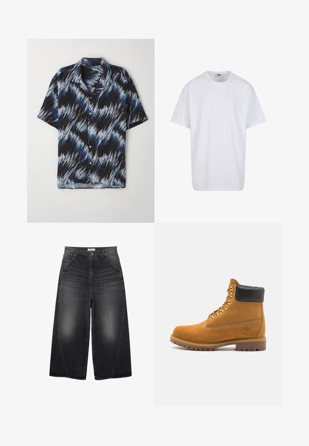 Kortærmet skjorte lavet af letvægtsstof, med et blåt og sort zigzagmønster, knaplukning fortil og spids krave.; Hvid bomulds t-shirt med korte ærmer, rund halsudskæring, afslappet pasform, og ingen synlige logoer eller mønstre. Glat tekstur og minimalistisk design.; PULL&BEAR MEGA BAGGY - Baggy jeans - black; Tan nubuck ankelstøvle med sort polstret krave, gyldne metaløjer, hvid syning detaljer og robust gummisål med udtalte slidbaner.