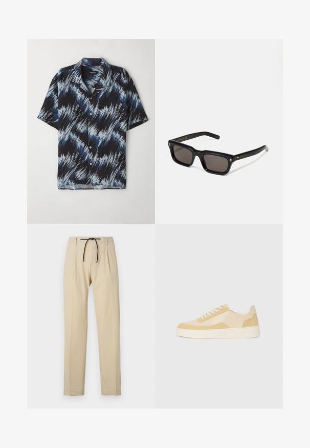 Majica s kratkimi rokavi iz lahkega materiala, ki ima modro-črno cikcakam vzorcem, gumbnim zapenjanjem spredaj in koničastim ovratnikom.; Bež hlače s ravnim krojem, z elastičnim pasom, plisejem na sprednji strani in gladko teksturo. Preprost, vsestranski dizajn.; Tenisice v svetlo rumeni usnjeni in semiš varianti, z udobnim podplatom in šivi. Klasična zasnova z vezalkami in okroglo konico.; Črne pravokotne sončna očala s temnimi lečami, debelim plastičnim okvirjem, zlatimi detajli na templjih in izgravirano blagovno znamko na ročaju.