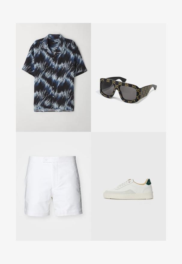 Rövid ujjú ing könnyű anyagból, kék és fekete cikk-cakk mintával, gombos elülső résszel és hegyes gallérral.; Fehér pamut sort, egyenes szabással, két oldalsó zsebbel, gombos záródással és tiszta, sima felülettel. Az alja szépen eldolgozott és hajtott.; Fehér sneaker suédé részletekkel, kerek orral, lapos fűzőkkel és krémszínű gumitalppal. Zöld logó található a sarkán.; Fekete napszemüveg, nagyméretű, négyzet alakú kerettel, amelyen ismétlődő arany "GG" logóminta található. Szürke lencsék sima felülettel.