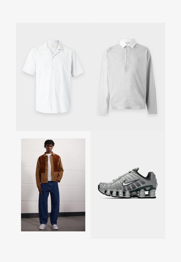 Rövid ujjú, világosszürke gombos ing len keverékből, tábori gallérral és hat gombbal az elején, sima textúrájú.; Világosszürke, hosszú ujjú pólóing, puha anyagból készült, fehér gallérral és négy gombbal ellátott záródással. Simaság, laza stílus.; Férfi áll bent egy barna kordbársony dzsekiben rozsdás foltokkal, fehér pólóban, laza kék farmerben és fehér sportcipőben.; Szürke és fekete Nike futócipő, látható rugós párnázással a talp alatt és fehér swoosh logóval az oldalon.