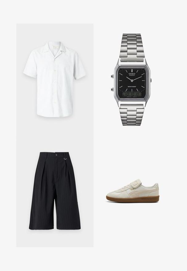 Camisa de botón de manga corta, de color gris claro, hecha de una mezcla de lino, con un cuello tipo camp y seis botones en el frente, textura suave.; Pantalones cortos negros con rayas y pliegues, cierre de botón y acento de anillo metálico. Tejido suave con un ajuste a medida y diseño hasta la rodilla.; Zapatilla de cuero blanca con acentos texturizados, suela de goma y detalle del logo en dorado. Presenta cordones y una correa de velcro para el cierre.; Reloj de cuarzo de acero inoxidable plateado con una esfera rectangular negra, que presenta manecillas analógicas, pantalla digital y etiqueta de resistencia al agua.