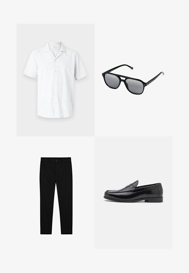 Camicia a maniche corte di colore grigio chiaro, realizzata in un mix di lino, con colletto da campeggio e sei bottoni sul davanti, dalla texture liscia.; Pantaloni neri su misura con chiusura a bottone, passanti per cintura e gamba dritta slim, esposti su uno sfondo bianco.; Mocassini in pelle nera con punta arrotondata, cuciture decorative e tacco basso. Texture liscia con un leggero lucido. Design classico senza decorazioni.; Occhiali da sole neri con montatura rettangolare, lenti grigie oscurate e design con intaglio sul ponte. Materiale plastico lucido e slanciato, con tempie sottili.
