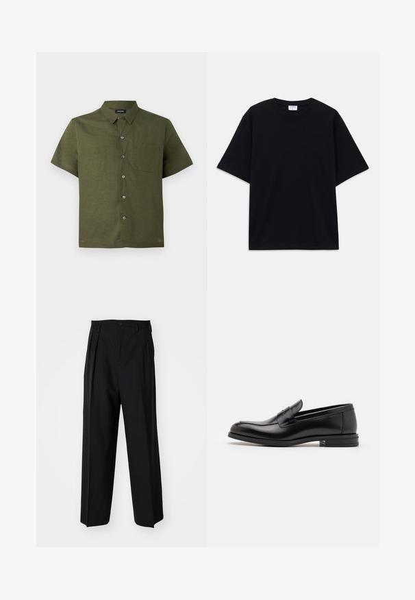 Camicia a maniche corte di un verde oliva scuro, realizzata in tessuto testurizzato; presenta un'apertura con bottoni e una tasca sul petto.; T-shirt oversize nera a maniche corte con scollatura rotonda e etichetta del marchio Filippa K visibile all'interno del colletto.; Pantaloni neri a pieghe con un design dritto e gamba larga. Realizzati in tessuto morbido, con chiusura a bottone e passanti per cintura.; Mocassini neri in pelle con una texture liscia, punta arrotondata e una striscia decorativa sulla tomaia. Tacco basso impilato, design minimalista.