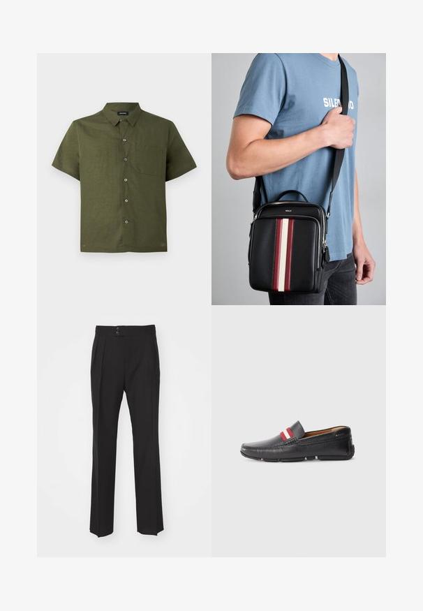 Krátky rukáv v tmavo olivovej farbe, vyrobený z textúrovanej látky; má gombíkovú prednú časť a jednu náprsníku.; Čierne elegantné nohavice s rovnými nohavicami, dvoma prednými vreckami a dvojitým zapínaním na páse. Hladká textúra materiálu.; Čierne kožené nazúvacie topánky s textúrovaným povrchom, červeným a bielym pruhovaným akcentom na vrchu, zaoblenou špičkou a gumovou podrážkou.; Čierna kožená crossbody taška s červenými, bielymi a béžovými vertikálnymi pruhmi. Disponuje hornou rukoväťou a nastaviteľným popruhom. Viditeľné zapínanie na zips.