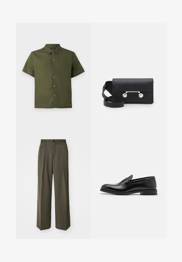 Tumši olīvu zaļš īsām piedurknēm krekls, izgatavots no teksturēta auduma; ar pogājamu priekšpusi un vienu krūšu kabatu.; Filippa K WIDE TROUSERS - Auduma bikses - driftwood; Melnas ādas kurpes ar gludu tekstūru, noapaļu purngalu un dekoratīvu siksniņu pāri priekšpusei. Zems sakrauts papēdis, minimālisma dizains.; Melna ādas crossbody soma ar atloku aizdari, sudraba toņu aparatūru un divām apaļām detaļām. Iespējams noņemt siksnu. Gluda tekstūra.