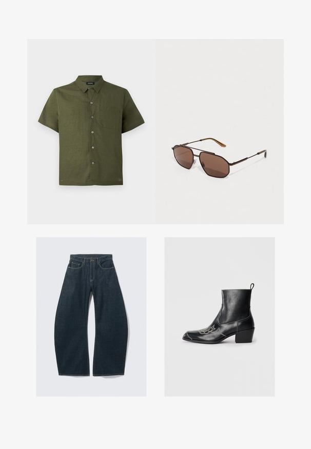 Camicia a maniche corte di un verde oliva scuro, realizzata in tessuto testurizzato; presenta un'apertura con bottoni e una tasca sul petto.; Jeans a gamba larga di colore blu scuro realizzati in denim, con cinque tasche, cuciture visibili, chiusura con bottoni e rifinitura pulita.; Stivaletti in pelle nera alla caviglia con punta quadrata, cuciture decorative e tacco basso a blocco. Presentano un'etichetta sul retro per facilitarne l'indossamento.; Occhiali da sole marroni a forma di ottagono con una sottile montatura in metallo nero, accentuati da aste marroni. Le lenti scure offrono protezione UV.