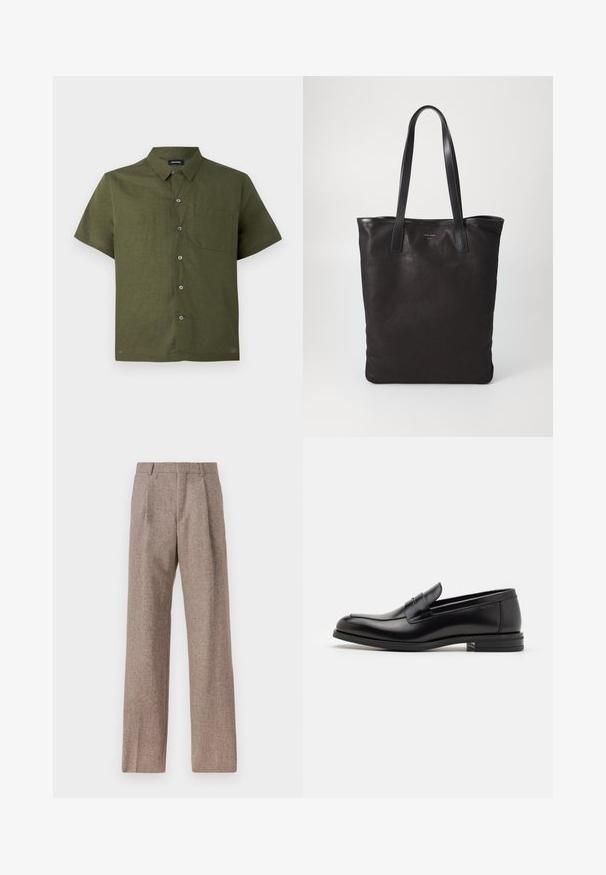 Short-sleeve shirt in dark olive green, made of textured fabric; features a button-up front and single chest pocket.; Brown, high-waisted trousers made of textured fabric. Features wide legs and two front pleats for structure. Neat finish with no visible hardware.; Black leather loafers with a smooth texture, rounded toe, and a decorative strap across the vamp. Low stacked heel, minimalist design.; Black canvas tote bag with black leather handles. Simple design, spacious body, and a smooth texture. No visible logos or patterns.