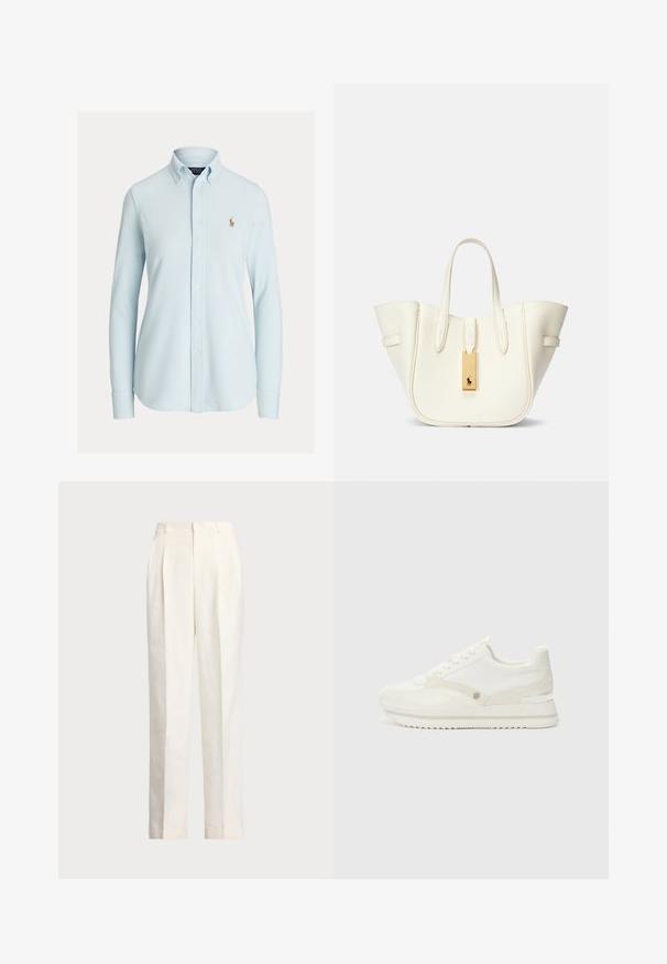 Camisa abotoada azul claro com colarinho clássico, mangas longas e um pequeno logo bordado no lado esquerdo do peito. Material de algodão, textura suave.; Polo Ralph Lauren HEMP WIDE LEG PANT - Calças - nevis; Sapatilhas brancas com uma mistura de materiais lisos e texturizados, apresentando um logótipo subtil, um design de atacadores e uma sola em ziguezague.; Mala tote de couro branco com uma forma estruturada, costura proeminente, etiqueta de metal dourado e alças duplas. Superfície texturizada com bolsos laterais.