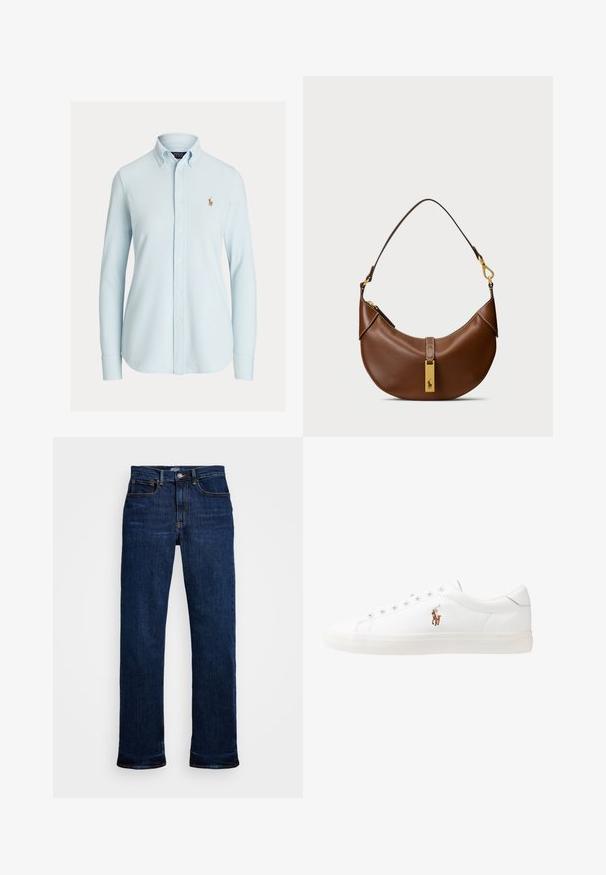 Light blue button-up shirt with a classic collar, long sleeves, and a small embroidered logo on the left chest. Cotton material, smooth texture.; Dark blue denim jeans with a straight-leg cut, featuring five pockets, copper stitching, and a classic button closure.; White leather sneakers, low-top design, featuring a smooth texture, round toe, laced front, and a small embroidered logo on the side.; Brown leather shoulder bag with curved shape, gold hardware, top clasp detail, and a logo accent. Smooth texture with stitched edges.