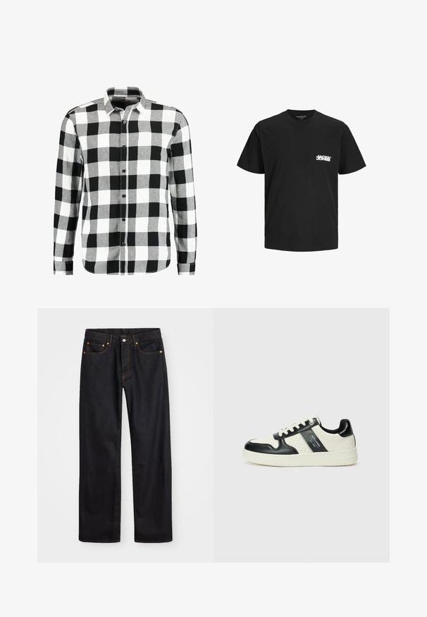 Only & Sons ONSGUDMUND CHECKED SHIRT - Skjorter - cloud dancer; Sort bomulds T-shirt med korte ærmer, rund hals og et hvidt logotryk på venstre side af brystet. Glat tekstur, klassisk pasform.; Mænds lige ben sorte denim jeans med fem lommer og orange syninger, knap- og lynlåslukning foran på taljen.; Lædersneakers i sort og creme farveskema, med perforerede detaljer, en polstret krave og en struktureret ydersål.