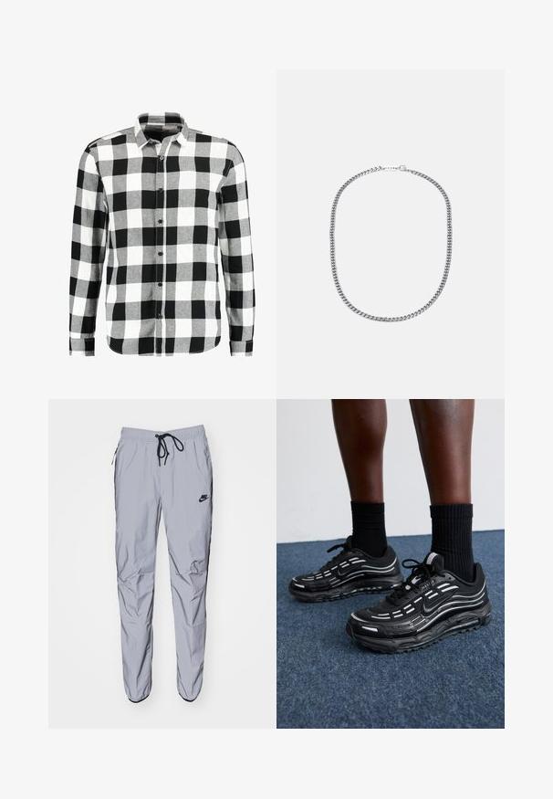 Only & Sons ONSGUDMUND CHECKED SHIRT - Camisa - cloud dancer; Pantalones de chándal gris claro, hechos de una tela suave y ligera con acentos negros. Cuentan con una cintura elástica con cordón y bolsillos laterales.; Las zapatillas Nike negras presentan una parte superior de malla con franjas de acento, cordones texturizados y una suela de goma negra. Se llevan con calcetines negros de canalé.; Collar de cadena de metal plateado que presenta eslabones gruesos entrelazados, textura pulida y un pequeño broche con detalles de marca.