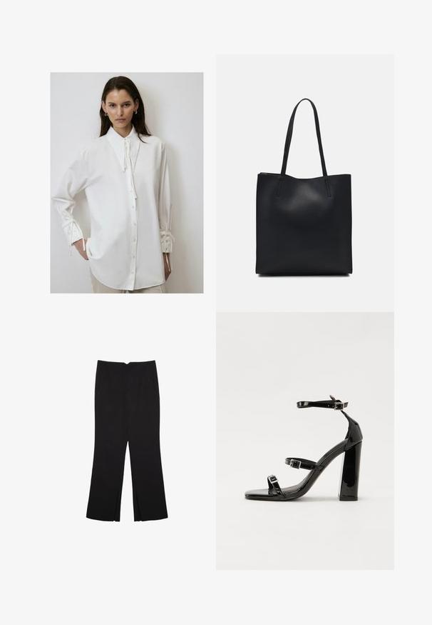 Bijela košulja dugih rukava s visokim ovratnikom, prednjim zatvaranjem na gumbe i vezicama na manžetama. Izrađena od mekog, glatkog materijala s opuštenim krojem.; Crne hlače ravnog kroja, s prednjim džepovima i bočnim prorezima na rubu. Izrađene od mekog i glatkog materijala. Pogodne za razne prigode.; Crne lakirane sandale na pete sa kvadratnim nosom, trakama oko gležnja i srebrnim kopčama. Imaju čvrst blok petu za stabilnost.; Crna kožna torba za nošenje s glatkom teksturom, pravokutnim oblikom i dvije duge ručke. Nema vidljivih metalnih dijelova ili ukrasa.