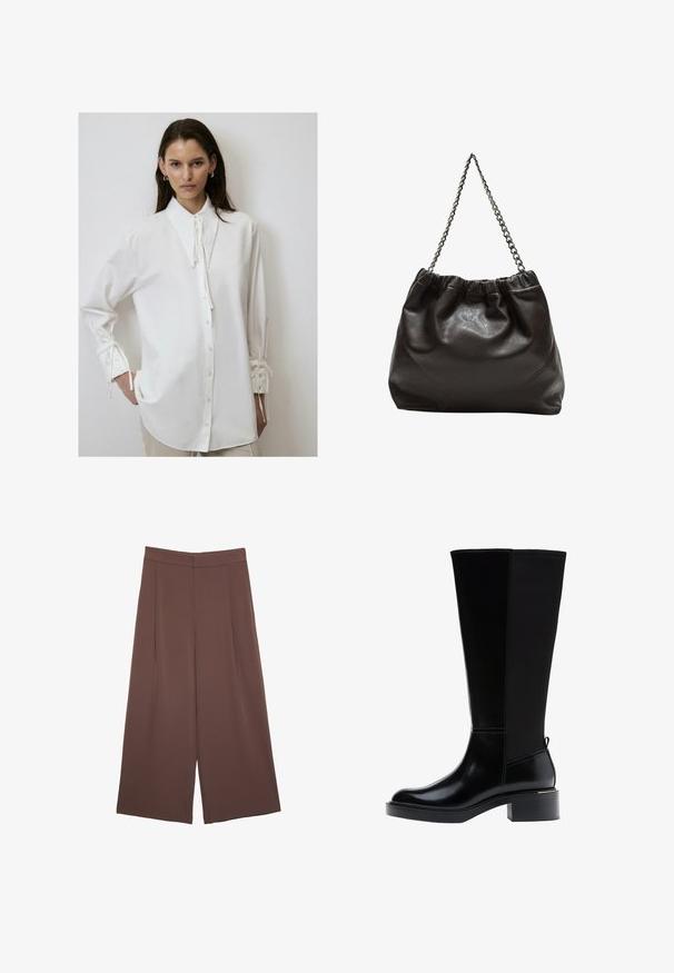 Bela dolga majica z dolgimi rokavi in visokim ovratnikom, spredaj z gumbnim zapiranjem in vezalkami na manšetah. Narejena je iz mehkega, gladkega materiala z udobnim krojem.; Rjave široke hlače z gladko teksturo, ki imajo visok pas in sprednje naborke. Tkanina je lahka in prosto pada.; Črni škornji do kolen z gladkim usnjenim zaključkom, izrazitim šivanjem, robustnim petnim delom in teksturirano zadnjo ploščo za dodatno zanimivost.; Rjava usnjena torba z nabranim vrhom in verižnim trakom. Gladka tekstura z sijajno površino in subtilnimi šivi na straneh.