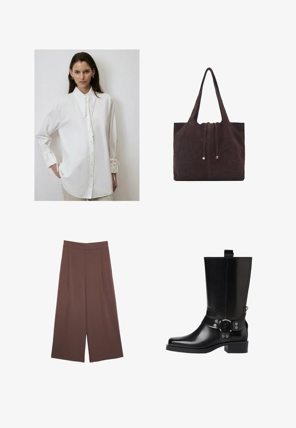 Biała koszula z długim rękawem, z wysokim kołnierzem, z przodem na guziki oraz związaniami przy mankietach. Wykonana z miękkiego, gładkiego materiału w luźnym kroju.; Brązowe spodnie o szerokich nogawkach z gładką fakturą, z wysokim stanem i plisami z przodu. Materiał jest lekki i luźno opada.; Czarne skórzane buty za kolano z wydłużonym noskiem, srebrnymi akcentami w postaci klamr oraz masywnym obcasem. Posiadają pętelkę umożliwiającą łatwe zakładanie.; Mango - Torba na zakupy