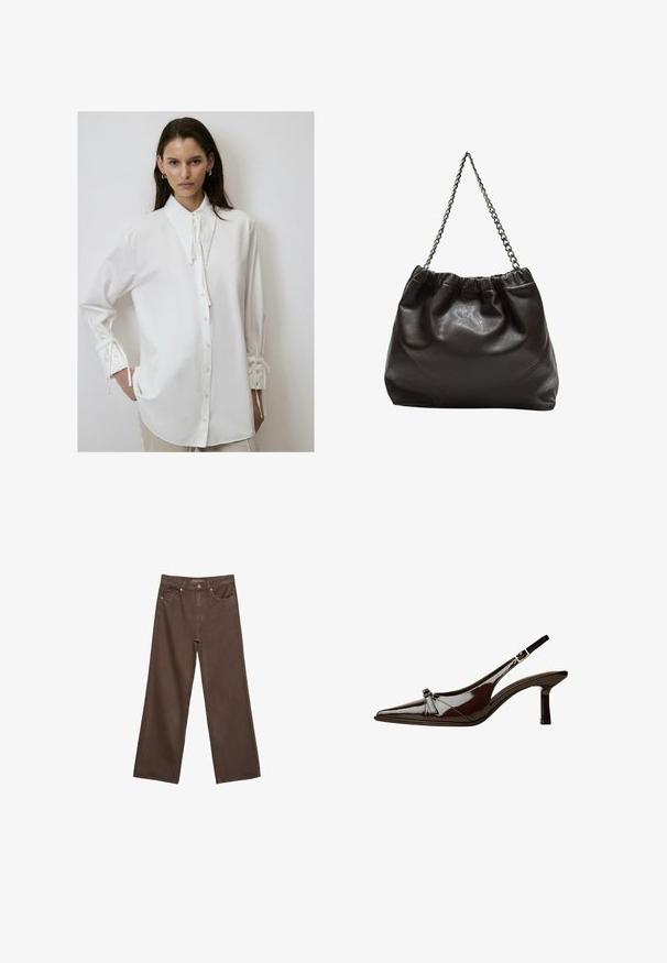 Bílá košile s dlouhým rukávem a vysokým límečkem, se zapínáním na knoflíky vpředu a stahováním na manžetách. Vyrobena z měkké, hladké látky s volnějším střihem.; Hnědé džíny s širokými nohavicemi vyrobené z denimu, s vysokým pasem, předními kapsami a klasickým zapínáním na knoflík. Hladká textura s jemným švem.; Hnědé lakované sandály s špičatou špičkou, nízkým podpatkem a dekorativní mašlí na přední části. Hladký, lesklý povrch.; Hnědá kožená taška se sbíraným vrškem a řetízkovým popruhem. Hladký povrch s lesklým finišem a jemným švem na bocích.