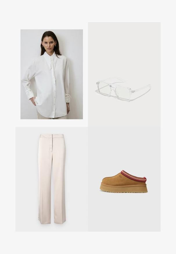Hvid langærmet skjorte med høj krave, frontlukning med knapper og bånd ved ærmerne. Fremstillet af blødt, glat stof med en afslappet pasform.; Beige brede bukser lavet af glat stof med en enkel silhuet, der har en flad front og en diskret taljeåbning.; Brune ruskinds slip-on sko med røde og cremefarvede mønstrede kanter, tekstureret sål og UGG-logo på siden. Har en let platformhøjde.; Klare rektangulære solbriller med gennemsigtige rammer, lysegrønne linser og diskrete detaljer på stængerne. Letvægtsdesign, moderne form.; Sort læder clutch med tekstureret overflade, kædestropp, og nitter langs bunden. Rektangulær form med en lynlåslomme.