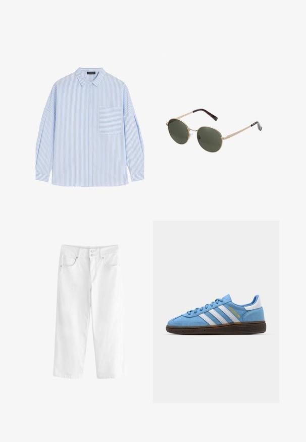 Chemise à manches longues rayée bleu clair et blanche avec un col boutonné, dotée d'une poche plaquée sur la poitrine gauche et d'une coupe décontractée.; Culottes en denim blanc à coupe décontractée, avec deux poches avant et une fermeture à bouton. Matériau texturé avec des coutures surpiquées.; Baskets en suède bleu clair avec des rayures en cuir blanc, une semelle texturée marron et un détail de logo doré. Design basse avec un bout rond.; Lunettes de soleil rondes avec des montures en métal doré et des verres vert foncé. Les branches présentent un design écaille de tortue pour un détail supplémentaire.