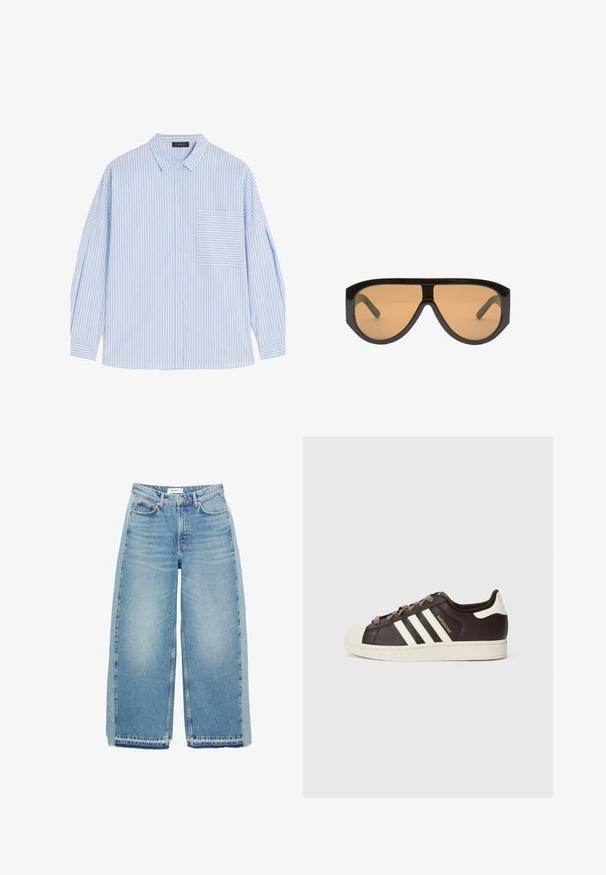 Lichtblauw en wit gestreept overhemd met lange mouwen en een button-down kraag, met een patch pocket op de linker borst en een relaxte pasvorm.; Lichtblauwe wijde denim jeans met een hoge taille, knoopsluiting, voorzakken en een onafgewerkte zoom.; Low-top Adidas Superstar sneaker in donkerbruin leer met crème shell-toe, witte strepen en de tekst "Superstar" aan de zijkant.; Zwarte oversized zonnebril met bruine lenzen, met brede, hoekige monturen en rechte armen. Gladde glanzende afwerking, minimale hardware.; Denim handtas met een gebogen vorm, lichtblauwe kleur, verstelbare schouderriem en een kleine afneembare pouch met metallic accenten.
