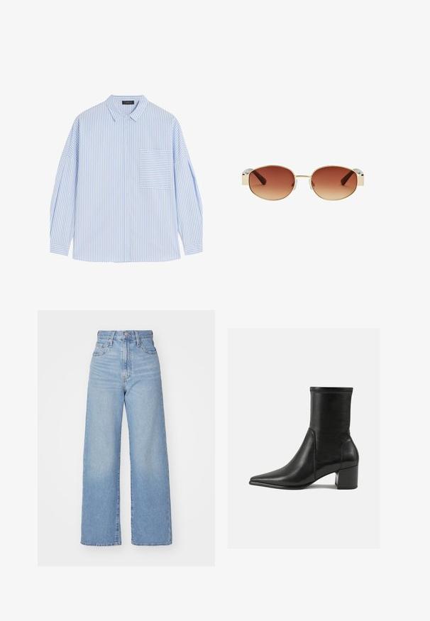 Lichtblauw en wit gestreept overhemd met lange mouwen en een button-down kraag, met een patch pocket op de linker borst en een relaxte pasvorm.; Lichtblauwe high-waist wijde jeans met een knoop- en ritssluiting aan de voorkant, voor- en achterzakken, op een witte achtergrond.; Zwarte enkelboot van soepel leer, met een spitse neus, een blokhak en duidelijke verhoogde stiksels aan de bovenrand.; Ronde zonnebril met een gouden metalen kader, bruine gradient lenzen, heldere plastic accenten aan de zijkanten en bruin gemêleerde tempelarmen.