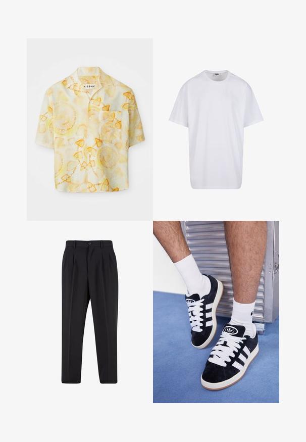 Kurzarmpolyesterhemd mit hellgelben und orangen runden Mustern sowie dem Text "misbhv summer club ibiza."; Weiße Baumwoll-T-Shirt mit kurzen Ärmeln, rundem Ausschnitt, lockerer Passform und ohne sichtbare Logos oder Muster. Glatte Textur und minimalistisches Design.; Schwarze Hose mit plissiertem Vorderdesign, aus glattem Stoff gefertigt. Mit Knopfverschluss und Gürtelschlaufen; gerade Passform.; Schwarze Wildledersneaker mit weißen Schnürsenkeln und drei weißen Streifen. Verfügt über ein kreisförmiges schwarzes Logo auf der Zunge und eine Gummisohle.