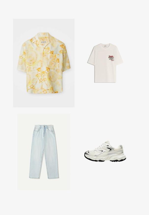 Cămașă cu mâneci scurte, cu model circular în nuanțe de galben deschis și portocaliu, având inscripția "misbhv summer club ibiza."; Tricou din bumbac alb cu mâneci scurte și guler rotund. Prezentă un grafic imprimat cu text roșu și negru în zona stângă a pieptului.; Blugi din denim de culoare albastru deschis, cu o croială relaxată, design cu picior drept, stilizare cu cinci buzunare și decolorare subtilă pe material.; Adidași albi cu un superior din plasă, accente argintii, talpă neagră și panouri texturate. Caracteristici includ un design cu șireturi și o formă de vârf rotunjit.