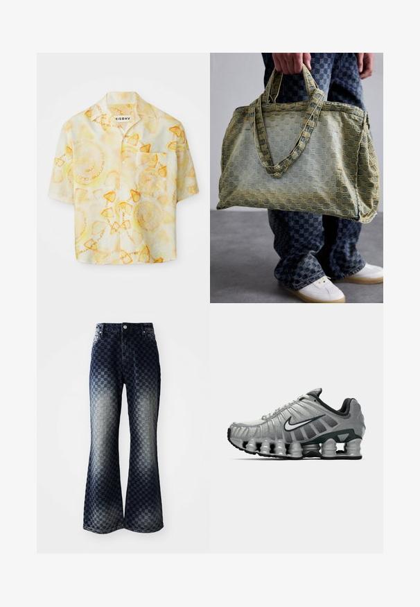 Camicia a maniche corte con bottoni, caratterizzata da motivi circolari in giallo pallido e arancione, con testo che recita "misbhv summer club ibiza."; Maglietta termica a maniche lunghe di colore verde oliva con un design aderente, caratterizzata da un collo alto e una texture a strisce in contrasto. Nome del marchio "MISBHV" in evidenza.; Jeans in denim a campana con un motivo checkered che sfuma dal scuro al chiaro, dotati di zip, design classico a cinque tasche e dettagli in hardware argentato.; Scarpa da corsa Nike grigia e nera con ammortizzazione visibile a molla sotto la suola e logo swoosh bianco di lato.; Persona che tiene una grande borsa a spalla gialla e blu con texture, indossando pantaloni a quadri blu e sneaker bianche su un pavimento grigio.