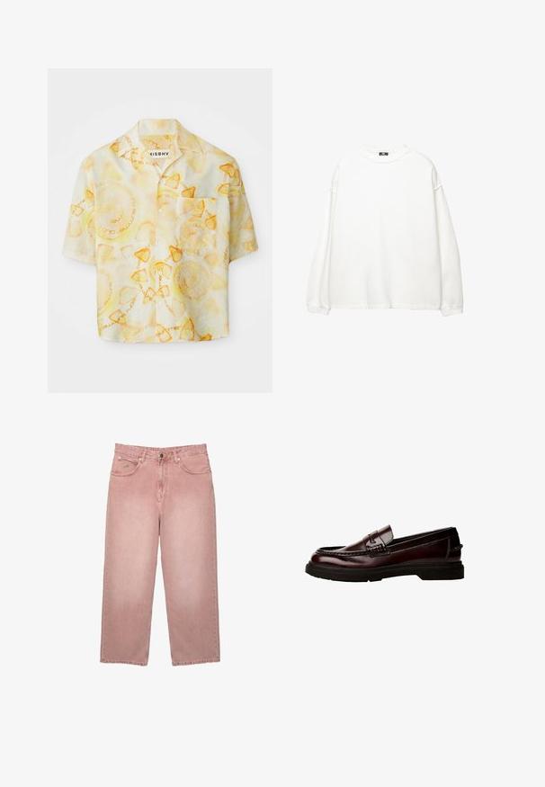 Košeľa s krátkymi rukávmi, button-up, s bledými žltými a oranžovými kruhovými vzormi a textom "misbhv summer club ibiza."; Biela mikina s dlhým rukávom z bavlny. Má okrúhly výstrih, spustené plecia a rebrované manžety. Hladká textúra bez vzorov.; Džínsy s vysokým pásom a širokými nohavicami v bledoružovej farbe so zapínaním na gombík vpredu, vreckami a pútkami na opasok, zobrazené na bielom pozadí.; Hnedé kožené poltopánky s okrúhlou špičkou, detailným prešívaním a gumovou podrážkou. Obsahuje dekoratívny pásik, hladký povrch.