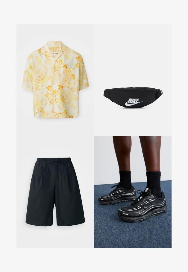 Košile s krátkým rukávem, s bledě žlutými a oranžovými kruhovými vzory a nápisem "misbhv summer club ibiza."; Černé šortky s elastickým pasem a nastavitelným tkaničkami. Vyrobené z hladkého materiálu, mají volný střih a žádné viditelné vzory.; Černé boty Nike mají síťovanou horní část s akcentovými pruhy, texturované šněrování a černou gumovou podrážku. Nosené s černými žebrovanými ponožkami.; Černá nylonová ledvinka s uzávěrem na zip, s velkým bílým logem Nike. Hladký povrch a ergonomický design pro pohodlné nošení.