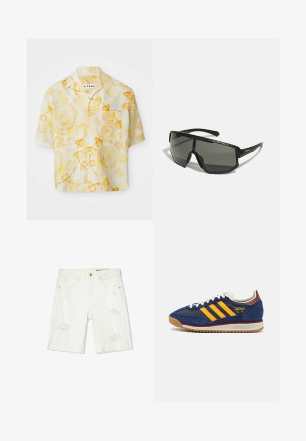 Koszulka z krótkim rękawem zapinana na guziki w jasnopomarańczowe i żółte okrągłe wzory z napisem "misbhv summer club ibiza."; Białe szorty dżinsowe o średnim stanie, z tafetą, pięcioma kieszeniami i miedzianymi elementami. Gładka tekstura z luźnym krojem.; Granatowe zamszowe sneakersy z żółtymi paskami, białymi sznurowadłami i burgundowymi akcentami. Teksturowana podeszwa z rowkami zapewniającymi przyczepność. Logo marki na boku.; Polaroid UNISEX - Okulary przeciwsłoneczne