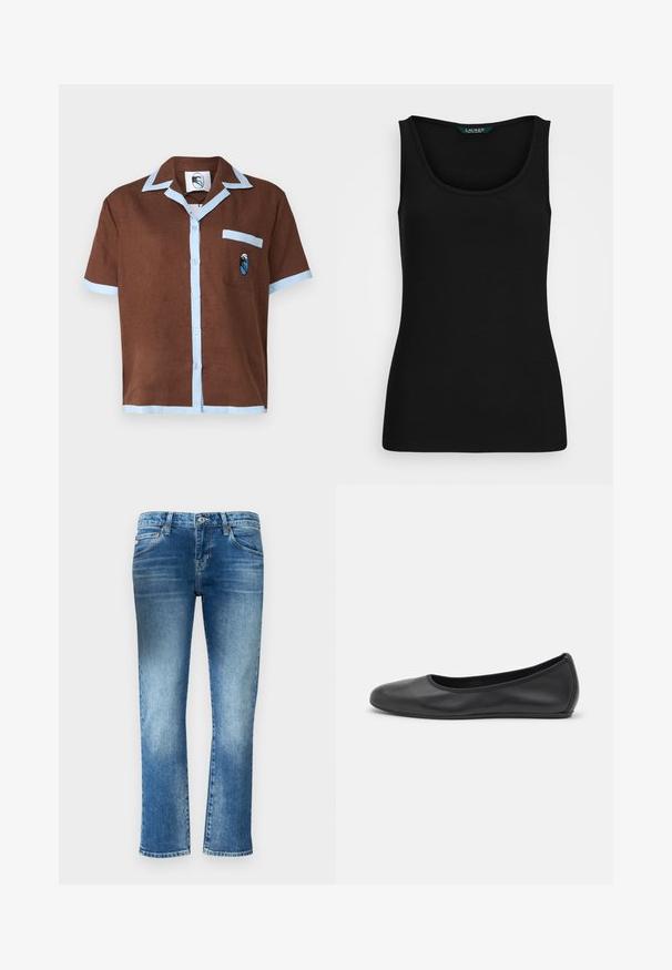 Short-sleeve brown shirt with light blue collar and pocket trim, featuring a small embroidered design on the pocket.; Black ribbed tank top with a rounded neckline, fitted shape, and seamless edges. Fabric is soft and stretchy. Label reads "LAUREN."; Light blue denim jeans with a straight leg design, subtle fading, and a medium rise waist. Features five pockets and belt loops.; Black leather ballet flat with a rounded toe, smooth texture, minimal stitching detail, and a flexible sole design.