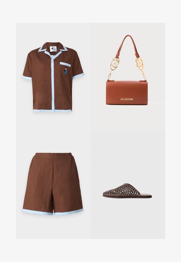 Trumpas rankovėmis rudas marškinis su šviesiai mėlynu apykakle ir kišenės apvadais, puikuojantis mažyte siuvinėta detale ant kišenės.; Rudos lininis šortai su elastine juosta, pasižymintys šviesiai mėlyna kraštine. Dizainas yra pritaikytas su šoninėmis kišenėmis ir tiesiu kirpimu.; Rudos pynimo dizaino šlepečiai su apvaliu priekiu, atvira struktūra, plokščiu padu ir tekstūruota paviršiumi. Lengvas audinys ir minimalistiška siluetas.; Ruda dirbtinė odinė rankinė su auksinės spalvos grandinėlės dirželiu ir įspaustu logotipu. Stačiakampio formos, su lygiu paviršiumi ir minimalistiniu dizainu.