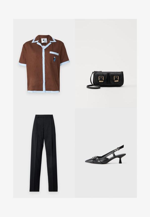 Short-sleeve brown shirt with light blue collar and pocket trim, featuring a small embroidered design on the pocket.; Black trousers made from smooth fabric featuring a high waist, wide legs, front pleats, and classic belt loops. No side pockets visible.; Black leather slingback shoe with a pointed toe, decorative straps featuring metal eyelets, and a low block heel. Textured surface.; Black leather crossbody bag with two front pockets, gold buckles, zipper closure, and a slim strap. Textured surface and compact rectangular shape.
