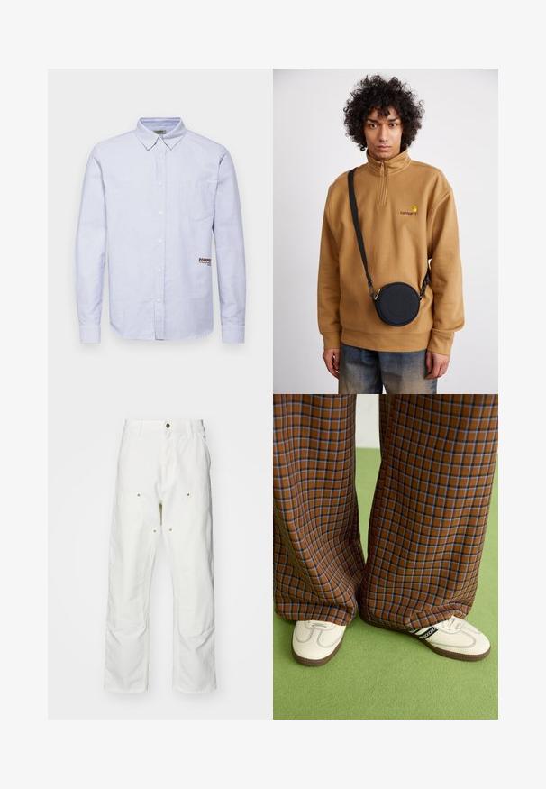 Pompeii STRIPE SKY OXFORD SHORT - Πουκάμισο - sky; Λευκά βαμβακερά cargo παντελόνια με χαλαρή εφαρμογή. Ενδεικτικά χαρακτηριστικά περιλαμβάνουν μπροστινές τσέπες, χρυσές λεπτομέρειες και ενισχυμένα γόνατα.; Καφέ και μπλε καρό παντελόνια με φαρδιά πόδια, σε συνδυασμό με λευκά παπούτσια που έχουν μαύρες λεπτομέρειες και υφασμάτινες σόλες, τοποθετημένα σε πράσινο φόντο.; Καφέ φλις πουλόβερ με κουμπί quarter-zip και κεντημένο λογότυπο, συνδυασμένο με μια μαύρη στρογγυλή τσάντα χιαστί με φερμουάρ και λεπτομέρεια λογότυπου, φορεμένο πάνω από τζιν.