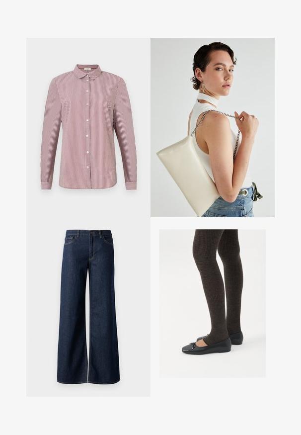 Punane ja valge triibuline pikavarreline nööpidega särk kraega, millel on vabalt langev lõige ja sile puuvillane tekstuur.; Laiad teksad tumesinises denimis. Omab kontrastõmblusi, viit taskut ja nupukinnitust vööl. Sile tekstuur.; Mustad mustad kingad väikese teksaga varvaste juures, koos tumedate pruunide ribakangastega. Kingadel on sile tekstuur ja madal profiil.; Valge ristkülikuline kotti, mis on valmistatud läikivast materjalist, hõbedase ahelsangaga. Mudel poseerib, tutvustades kotti ühtlase taustaga.