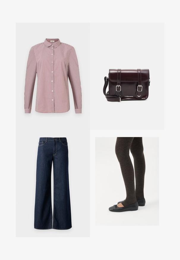 Camisa de botão de manga longa listrada em vermelho e branco com colarinho e botões brancos, apresentando um corte descontraído e uma textura de algodão suave.; Jeans de perna larga em denim azul escuro. Apresenta costura em contraste, cinco bolsos e um fecho de botão na cintura. Textura lisa.; Sapatos planos pretos com um pequeno laço na ponta, emparelhados com meias-calças caneladas castanhas escuras. Os sapatos têm uma textura suave e um design discretamente baixo.; Bolsa transversal em couro verniz bordô com formato retangular, duas alças, ferragens prateadas e fecho de aba.