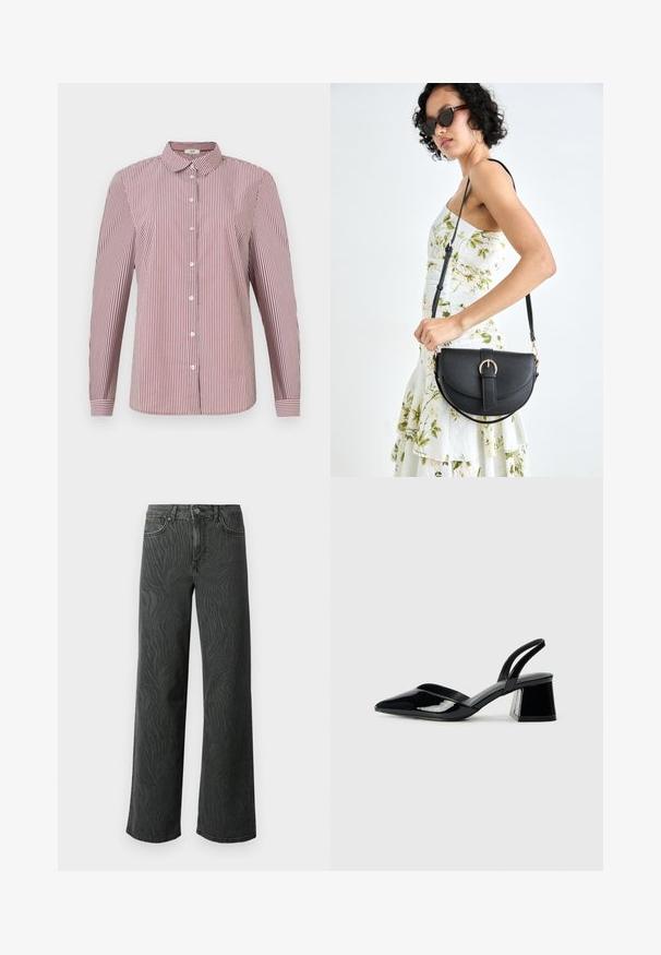 Sarkans un balts svītrots ar garām piedurknēm, ar apkakli un baltiem pogām, ar brīvu piegriezumu un gludu kokvilnas tekstūru.; Plaša kāju džinsi tumši pelēkā denimā, ar vieglu zebra rakstu tekstūru, kontrastējošām šuvēm un piecu kabatu dizainu ar pogu aizdari.; Melna lakota āda ar atvērto papēdi, ar smailu purngalu un ģeometrisku blokpapēdi. Iezīmējas elegants, minimāls dizains un gluda tekstūra.; Melnas ādas rokassoma ar izliekta formu, noņemamu siksnu un zelta aksesuāriem. Somai ir vāciņš ar sprādzes detaļu.