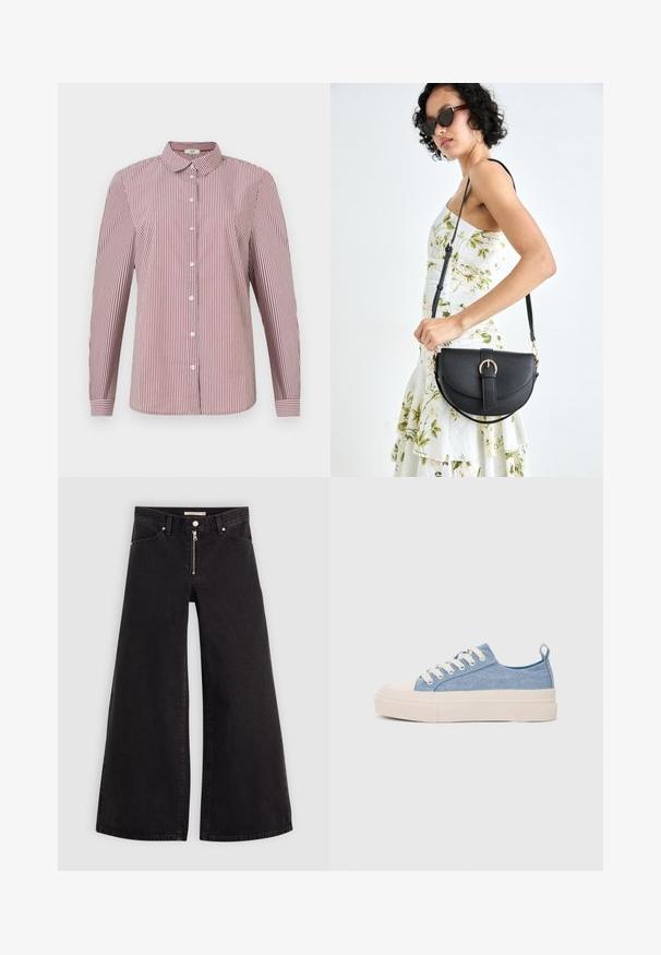 Punane ja valge triibuline pikavarreline nööpidega särk kraega, millel on vabalt langev lõige ja sile puuvillane tekstuur.; Laiad teksad mustast denimist, millel on lukuga eesmine osa, viie taskuga disain ja peened õmblusdetailid. Sile tekstuur ja juhuslik stiil.; Heledad sinised kangast tennisekingad koorevärvi kummist varbakatte ja taldaga, millel on valged paelad ja tõmblukk kandadel.; Mustmust mustraha kõverate joontega, eemaldatava rihmaga ja kuldsete detailidega. Kotil on klapp, millel on pandladetail.