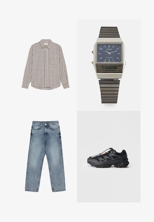 Ilgų rankovių languota marškiniai šviesiai rudoje spalvoje su mėlynais kvadratėliais, su mygtukų apykakle ir kairėje krūtinės pusėje esančia kišenė su įstrižais langeliais.; Šviesiai mėlynos džinsinės kelnės su tiesiu kelnės siluetu, matomomis siūlėmis, penkių kišenių dizainu ir mygtuko uždarymu juosmens srityje.; Juodi sportiniai batai su tekstūruota tinklelio viršūne, sustiprinta pirštų dalimi ir greito raištelio sistema. Yra tvirtas padas ir šiek tiek pakelta kulno dalis.; Casio skaitmeninis laikrodis su mėlynu ciferblatu, sidabriniu korpusu ir sluoksniuota juoda gumine apyranke. Rodo laiką ir budinimo nustatymus. Atsparus vandeniui.