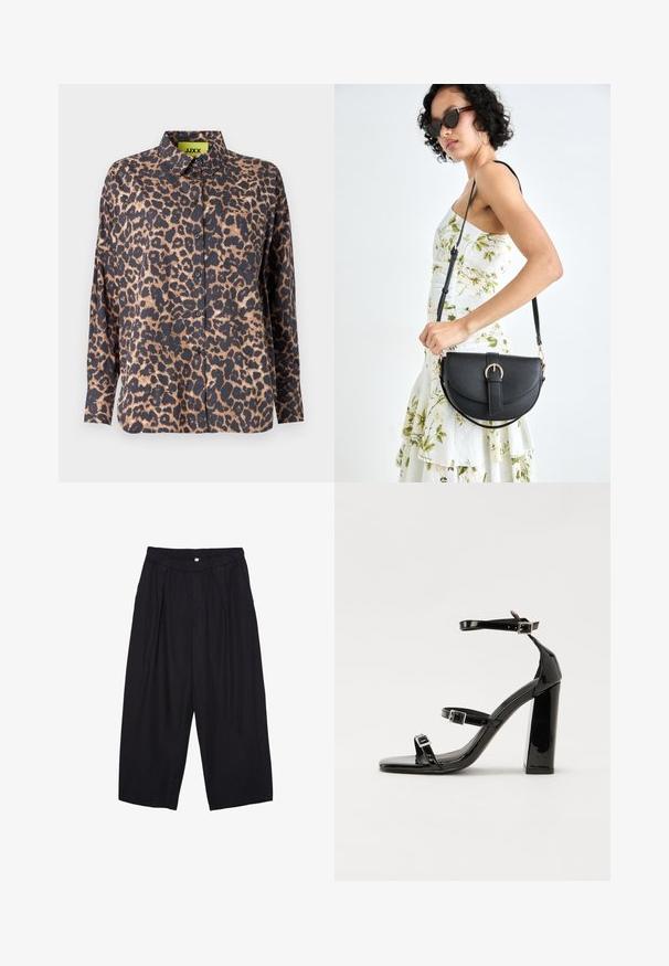 Paita, jossa on leopardi-kuvio, kaulus, pitkät hihat ja napit. Valmistettu sileästä kankaasta, jossa on tumma tausta vaaleanruskeilla täplillä ja rintatasku.; Musta polyesterinen culotte-housut, jossa on joustava vyötärö, kaksi etupleettiä ja löysä siluetti. Ei näkyviä kuvioita tai metallisia yksityiskohtia.; Musta kiiltävä korkokenkä sandaalit neliönmuotoisella varpaalla, nilkkaremmillä ja hopeisilla soljilla. Varustettu tukevalla lohkokorkealla vakauden takaamiseksi.; Musta nahkainen käsilaukku, joka on kaareva muotoilultaan, irrotettavalla hihnalla ja kultaisilla yksityiskohdilla. Laukussa on läppä, jossa on solk yksityiskohta.