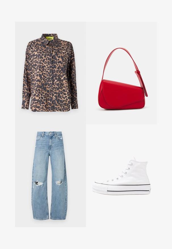 Koszula w zwierzęcy wzór z kołnierzykiem, długimi rękawami i guzikami. Wykonana z gładkiej tkaniny, z ciemnym tłem i jasno-brązowymi plamami oraz kieszenią na piersi.; Jasnoniebieskie, wysokiej talii dżinsy wykonane z denimu. Posiadają szerokie nogawki, dwa podarte miejsca na kolanach oraz klasyczne pięć kieszeni.; Białe wysokie trampki z płótna z czarną gumową podeszwą, przednim czubkiem z gumy i sześcioma dziurkami na sznurowadła, charakteryzujące się prostym, minimalistycznym designem.; Czerwona skórzana torebka o kanciastym, geometrycznym designie. Posiada jedną regulowaną rączkę oraz zapięcie na klapę z przeszyciami.