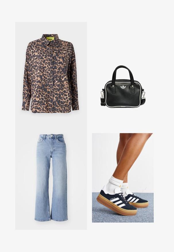 Leopardskinnad skjorta med krage, långa ärmar och knappar. Tillverkad av ett slätt tyg, med en mörk botten och ljusbruna fläckar samt en bröstficka.; Ljusblå högmidjade vida jeans med fram- och bakfickor, tryckknappsstängning och subtil blekning på låren och fållen.; Svarta sneakers i mocka med vita ränder och detaljer, rundad tå, yttersula i gummiblandning, kombinerade med vita ribbade crew-strumpor.; Svart läderhandväska med två korta handtag, silverfärgade detaljer, vita accenter och en vit logotyp. Har en texturerad yta och en kompakt design.