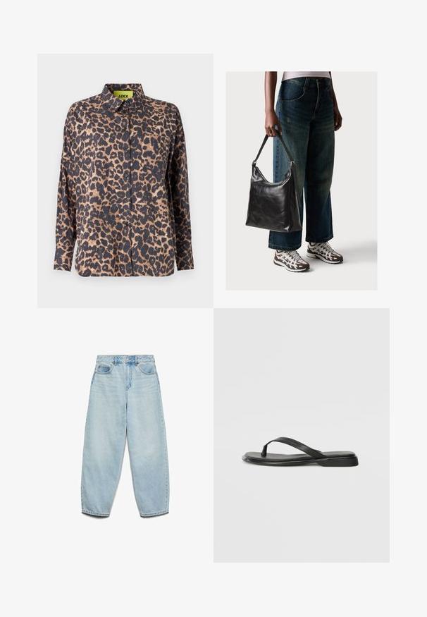 Camasa cu imprimeu de leopard, cu guler, mâneci lungi și nasturi. Fabricată dintr-un material neted, cu o bază închisă și pete deschise maro, având un buzunar pe piept.; Jeans din denim de un albastru deschis, cu o croială relaxată, talie înaltă și picioare largi, având o textură ușor decolorată și un design clasic cu cinci buzunare.; Sandale negre din piele netedă, cu un design cu curea subțire și o talpă plată cu un profil minimalist. Fără modele sau accente notabile.; Geantă de umăr din piele neagră, cu o textură netedă și curea ajustabilă, asortată cu blugi evazați și adidași.