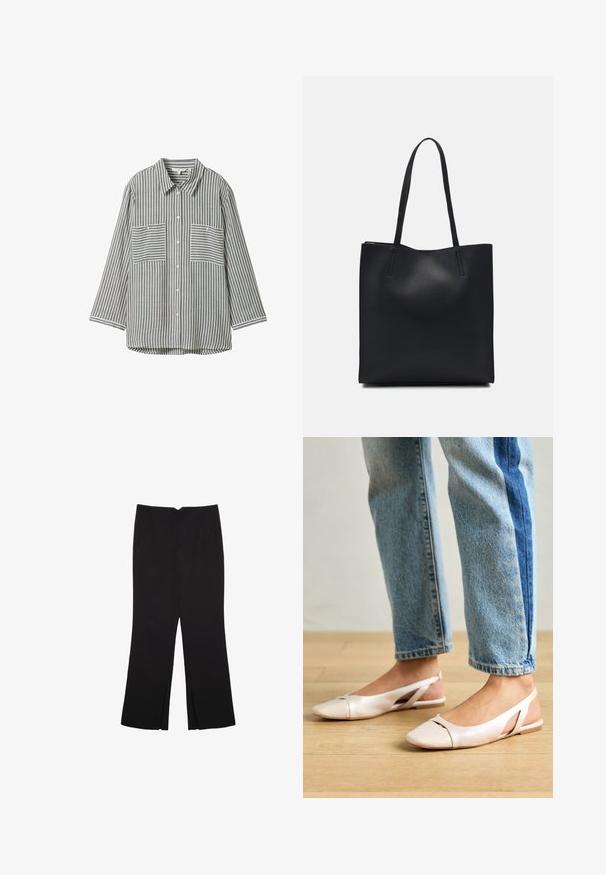 Striped button-up shirt in gray and white. Features long sleeves, two front pockets, and a collar. Made of lightweight, textured fabric.; Black trousers with a straight fit, featuring front pockets and side slits at the hem. Made of soft, smooth fabric. Suitable for various occasions.; Pale pink slingback flats with a pointed toe, made from a smooth leather-like material. Features cut-out details at the sides and a flat heel.; Black leather tote bag with smooth texture, rectangular shape, and two long handles. No visible hardware or embellishments.
