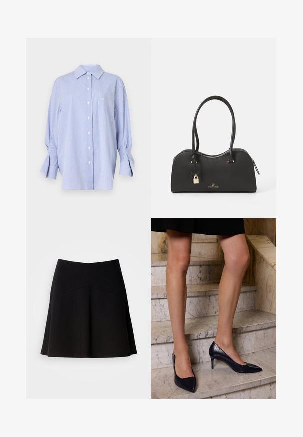 Blue and white striped button-up shirt with a relaxed fit, featuring a pointed collar, long sleeves with tie accents, and a chest pocket.; Black flared skirt made from soft fabric, featuring a fitted waistband and seam detailing. Smooth texture with a simple, classic design.; Navy blue high-heeled shoes with a pointed toe, featuring a smooth and textured finish resembling crocodile skin.; Black handbag made of textured synthetic material with a curved design, gold hardware, two handles, and a detachable lock accent.; Silver drop earrings featuring a smooth, polished finish. The design includes a teardrop shape with interconnected sections.