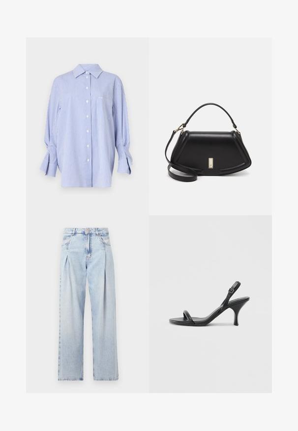 Blauw en wit gestreepte button-up shirt met een relaxte pasvorm, met een puntige kraag, lange mouwen met strikaccenten en een borstzak.; Lichtblauwe denim jeans met een hoge taille, wijde pijpen, twee zijzakken en geplooid ontwerp. Zachte textuur met een vervaagd uiterlijk.; Zwarte leren sandalen met hoge hakken, een slanke, gebogen hak en een gekruist bandontwerp. Verstelbare enkelband. Soepele textuur.; Zwarte leren handtas met een gestructureerd ontwerp, featuring een verkorte vorm, bovenhandvat en gouden hardwareaccent. Inclusief verstelbare schouderband.