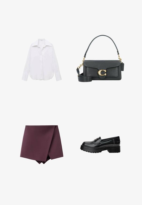 Bílá dlouhá košile s knoflíky a klasickým límcem, volnější střih, postranní rozparky a hladká textura vyrobená z lehkého materiálu.; Tmavě fialová asymetrická mini sukně s designem překrývání a hladkým povrchem.; Černé lakované kožené mokasíny s masivní podrážkou, zdobené páskem a jemným švem. Gumová textura na podrážce.; Černá kožená kabelka se zlatým kováním, s podpisovým zapínáním, odnímatelným ramenním popruhem a texturovaným povrchem.