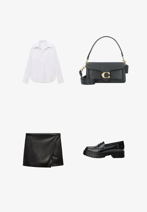 White long-sleeve button-up shirt with a classic collar, relaxed fit, side slits, and smooth texture made from lightweight fabric.; Black leather mini skirt with a wrap design, featuring a smooth texture and minimalistic style. No visible hardware or patterns.; Black patent leather loafers with a chunky sole, featuring a decorative strap and subtle stitching detail. Rubber texture on the outsole.; Black leather handbag with a gold hardware accent, featuring a signature clasp, a detachable shoulder strap, and textured surface.