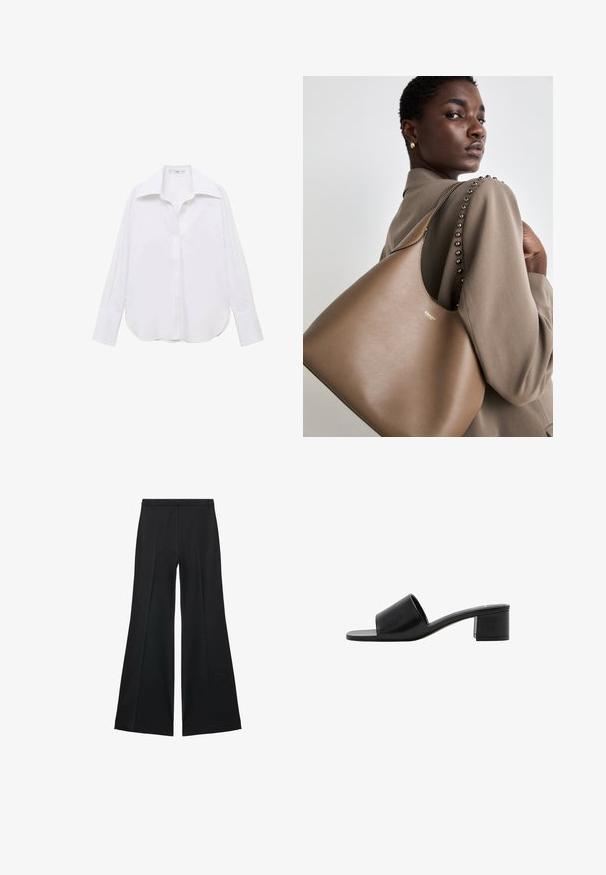 Bela srajca z dolgimi rokavi in gumbi, klasičnega ovratnika, sproščenega kroja, stranskimi razpoki ter gladke teksture, izdelana iz lahkotnega materiala.; Črne široke hlače z gladko teksturo, ki imajo sprednje nabore in kroj po meri. Tkanina je lahka in zračna.; Črne usnjene sandale z odprtim prstom in širokim trakom ter trdim blokastim peto. Imajo gladko teksturo in minimalističen dizajn.; Rjava usnjena torbica z gladko teksturo, ki ima ukrivljeno silhueto in metalni logo. Trak ima dekorativne noke vzdolž šiva.